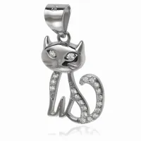 DELIKATNY RODOWANY SREBRNY WISIOREK SIEDZĄCY KOTEK KOT MRUCZEK CYRKONIE