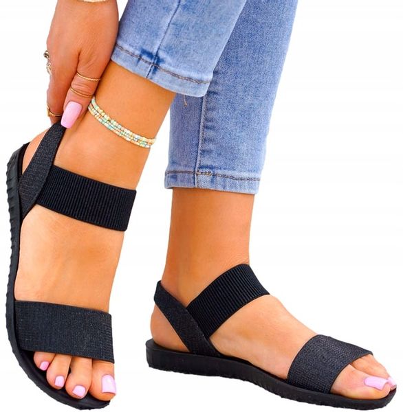 Czarne Sandały Na Gumki Płaski Spód 38 zdjęcie 1