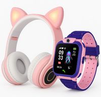 Smartwatch Różowy (GPS,Lokalizator,Kamera,SIM) + SŁUCHAWKI LED KOCIE