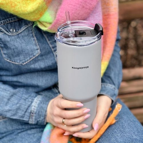 KUBEK TERMICZNY ze słomką PRÓŻNIOWY SZARY DUŻY Konighoffer Davos 1200 ml na Arena.pl