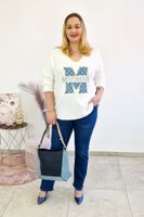 Biało-Niebieska Bluzka Damska z Napisem z Długim Rękawem UNI