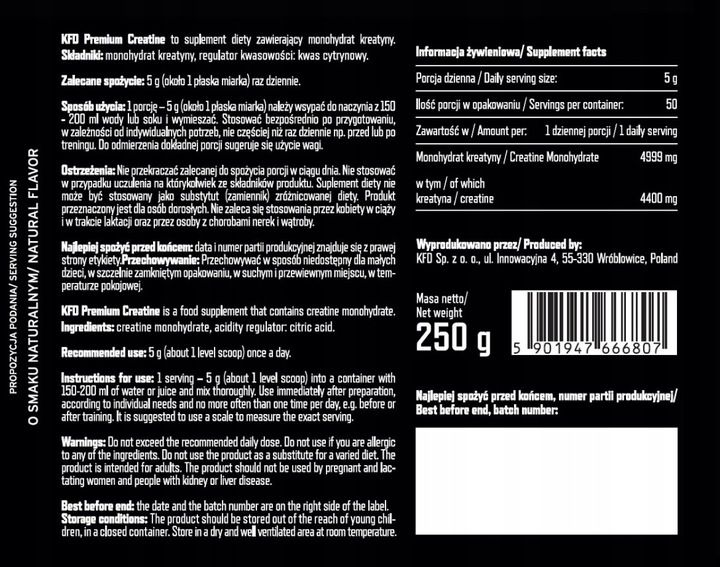 Kreatyna KFD Premium Creatine 250g Naturalna zdjęcie 2