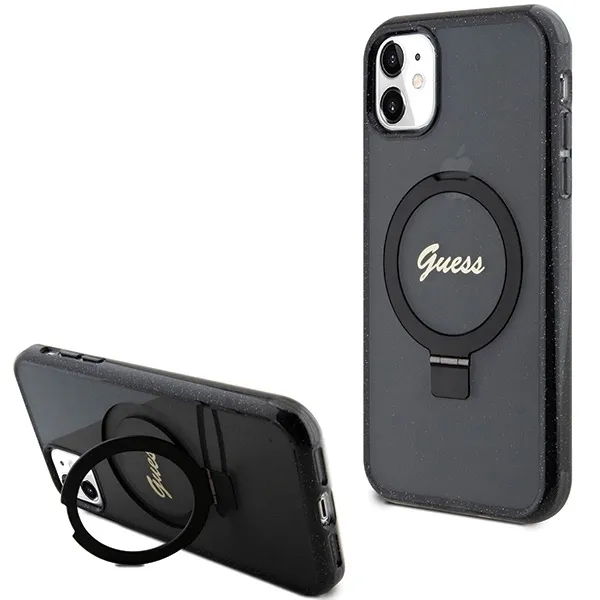 Etui Guess Ring Stand Script Glitter MagSafe na iPhone 11 / Xr - czarne zdjęcie 1