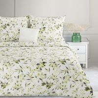 Pościel Mili 160x200 + 70x80 biało zielona liście naturalna bawełna