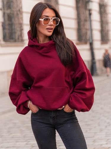 Bawełniana dresowa damska bluza z kapturem na stójce oversize bordowa na Arena.pl