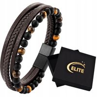 BRANSOLETKA MĘSKA SKÓRZANA BRĄZOWA KORALIKI PLECIONA PUDEŁKO ELITE