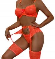 Piękny KOMPLET Bielizny Damskiej STANIK STRINGI Podwiązki POMARAŃCZ S