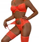 Piękny KOMPLET Bielizny Damskiej STANIK STRINGI Podwiązki POMARAŃCZ S