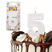 ŚWIECZKA URODZINOWA LICZBA 5 PIĘĆ BIAŁA BROKATOWA NA TORT CYFRA PIĄTKA