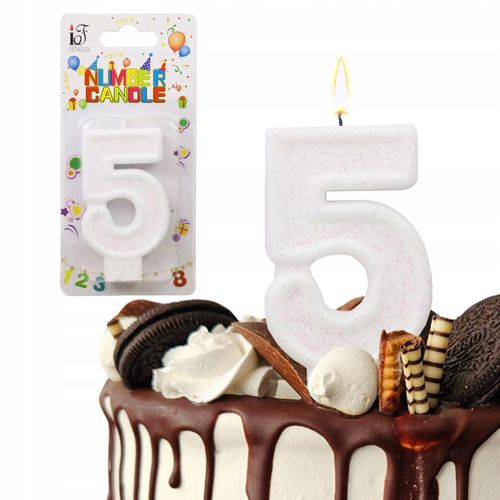 ŚWIECZKA URODZINOWA LICZBA 5 PIĘĆ BIAŁA BROKATOWA NA TORT CYFRA PIĄTKA na Arena.pl