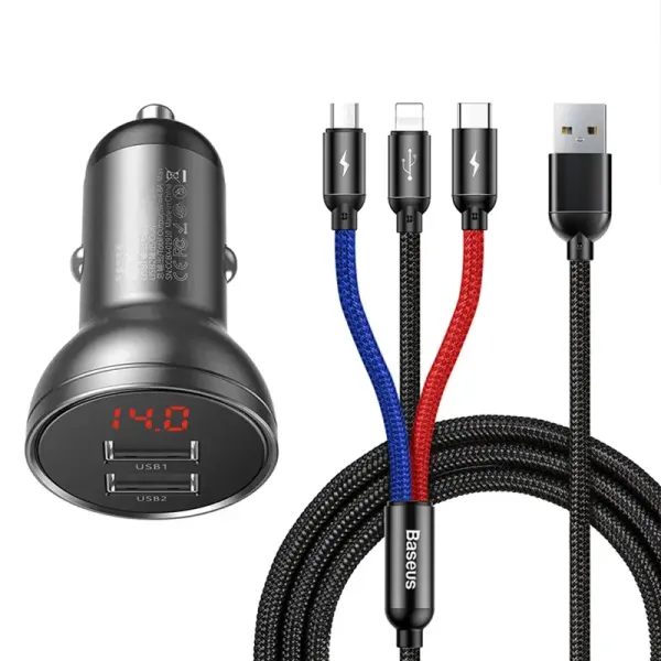 Ładowarka Samochodowa Baseus 2xUSB 24W + Kabel 3w1 1,2m zdjęcie 1