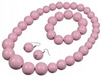 Komplet korale drewniane pudrowy róż naszyjnik bransoletka kolczyki