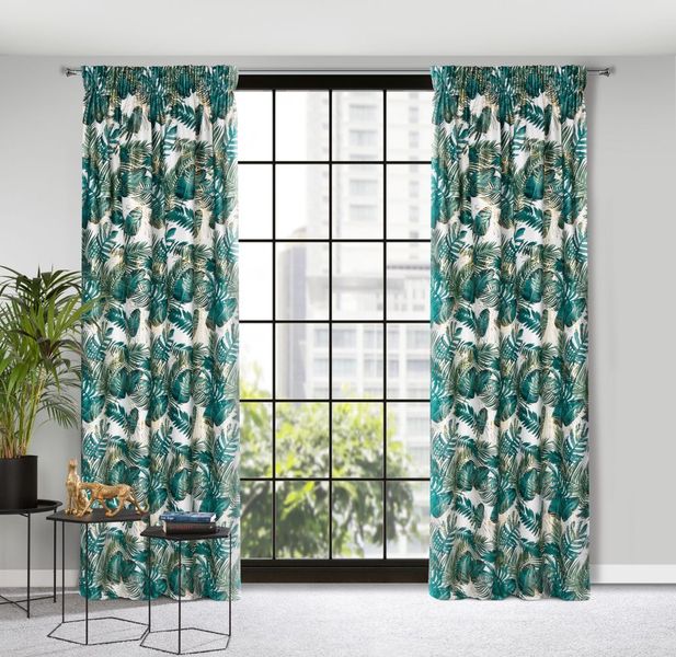 Zasłona gotowa na taśmie DAVOS 140x270 biało zielona w liście monstery zdjęcie 1