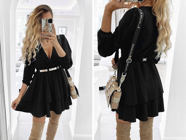 SUKIENKA ROZKLOSZOWANA KOPERTOWY DEKOLT CZERŃ zdjęcie 3