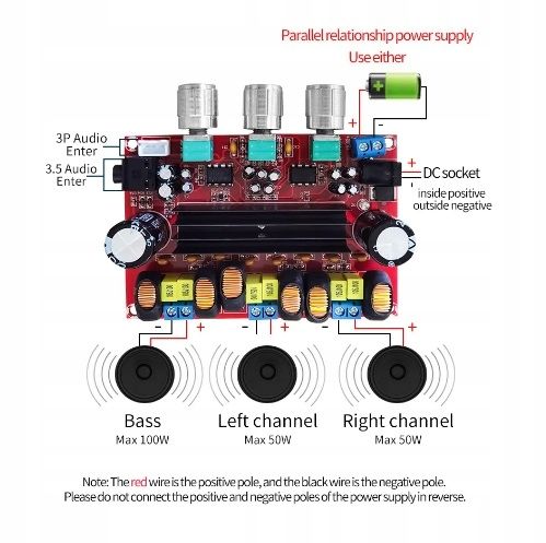 WZMACNIACZ 2.1 2x50W+100W STEREO SUBWOOFER 12-24V TPA3116D2 NE5532 na Arena.pl