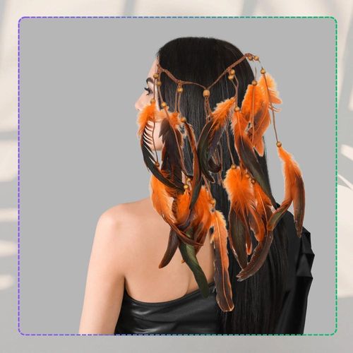Opaska na włosy na rzemyku boho sztuczne pióra pomarańczowe na Arena.pl