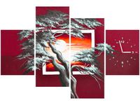 120CM 80CM ZEGAR 4 ELEM KARMAZYNOWY ZACHÓD SŁOŃCA OBRAZ ŚCIENNY