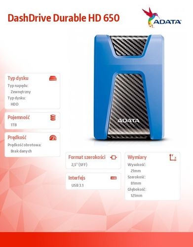 Adata DashDrive Durable HD650 1TB 2.5'' USB3.1 Niebieski na Arena.pl