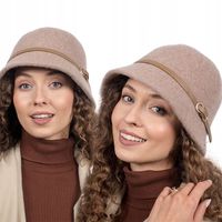 Beżowy Damski Kapelusz Bucket Klamerka Wełniany Elegancki Stylowy