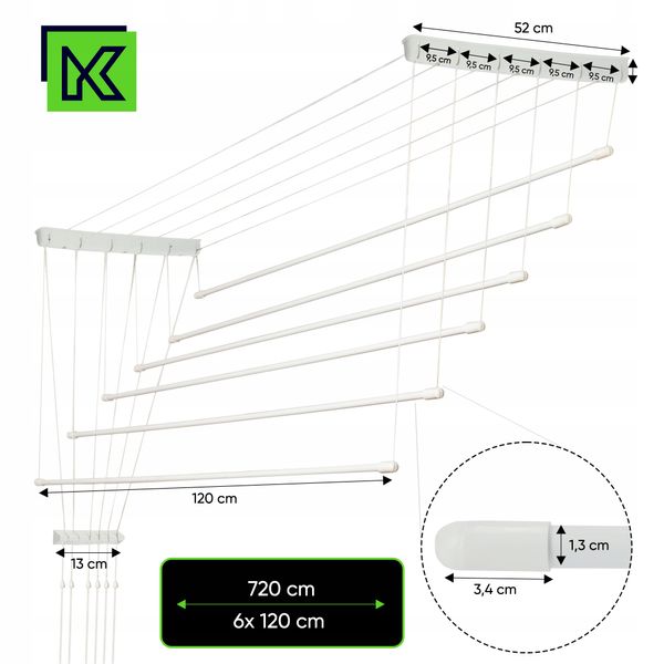 Suszarka Na Pranie Ubrania Sufitowa 6 Prętów 120cm zdjęcie 3