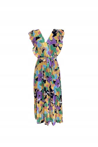 Elegancka Midi Wzorzysta Sukienka Z Paskiem Plisowany Dół Kwiaty M 38 na Arena.pl