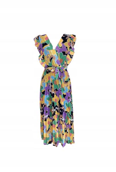 Elegancka Midi Wzorzysta Sukienka Z Paskiem Plisowany Dół Kwiaty M 38 zdjęcie 1