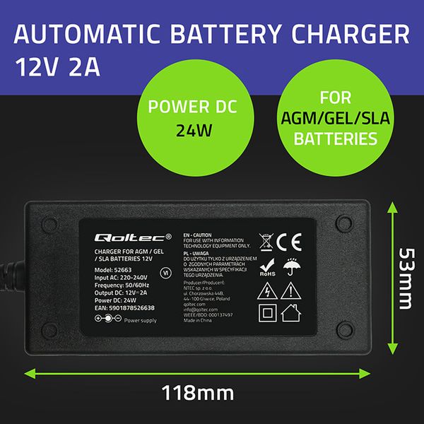 Qoltec Prostownik 12V 2A do AGM/GEL/STD zdjęcie 5