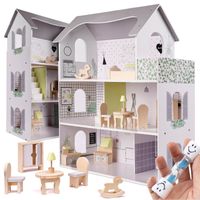 DREWNIANY domek dla LALEK + MEBELKI AKCESORIA SZARY 70cm + GRATIS