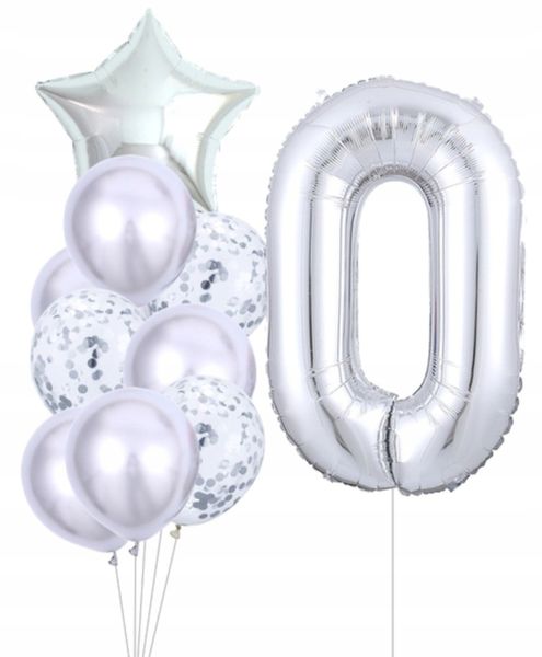 Balony Urodzinowe 10Szt Srebrny Konfetti Litera 0 zdjęcie 1