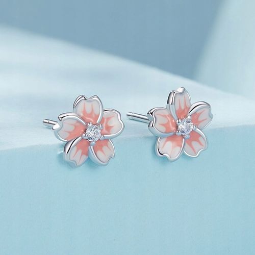 K519 Kwiaty wiśni srebrne emaliowane kolczyki sztyfty z kryształkami na Arena.pl