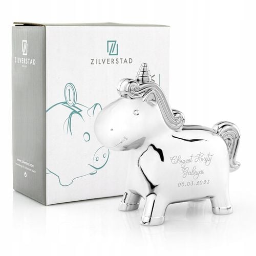 Skarbonka jednorożec srebrna prezent na chrzest pamiątka chrztu + GRAWER na Arena.pl