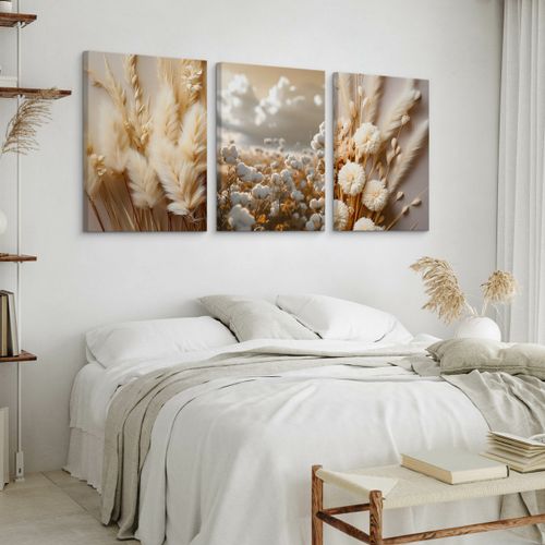 Obrazy Na Płótnie Set Kwiaty Bawełna Trawy Natura Boho Rośliny 90cm x 40cm na Arena.pl