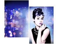 OBRAZ USTA AUDREY HEPBURN PANORAMA MIASTA NIEBIESKI