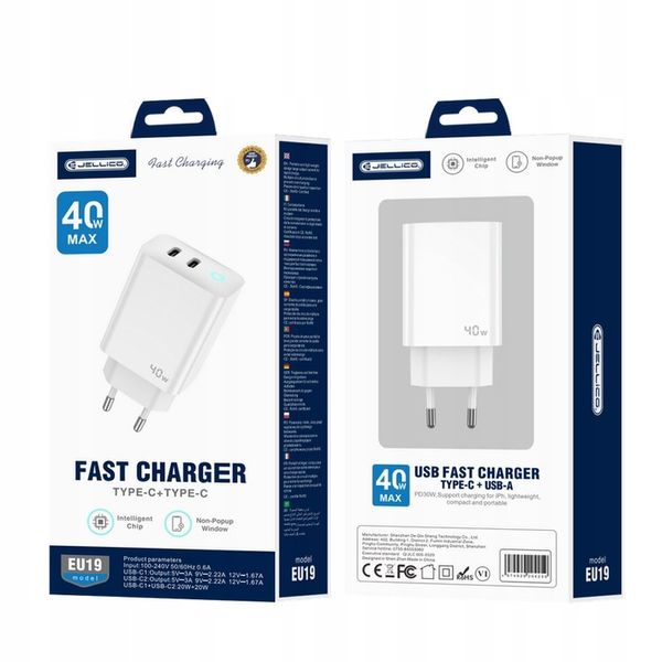 JELLICO ładowarka sieciowa EU19 GaN PD 40W 2xUSB-C Biały + Kabel 2x USB - C zdjęcie 5