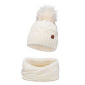 Czapka zimowa damska z pomponem + komin Ecru