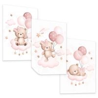 ZESTAW PLAKATÓW DLA DZIECI MISIE RÓŻOWE BALONY CHMURY SET A3