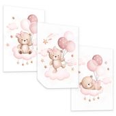 ZESTAW PLAKATÓW DLA DZIECI MISIE RÓŻOWE BALONY CHMURY SET A4