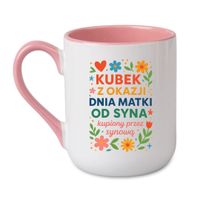 KUBEK "KUBEK Z OKAZJI DNIA MATKI OD SYNA KUPIONY PRZEZ SYNOWĄ" Wzór - Elegant Coffee Różowy 330 ml