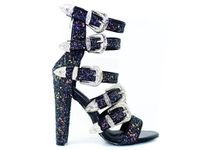 Brokatowe sandały na słupku z cholewką 36