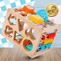 DREWNIANY SORTER KLOCKÓW ELASTYCZNA KOSTKA SENSORYCZNA MONTESSORI GUMKI 12