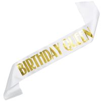 Birthday Queen - biała szarfa, złoty nadruk