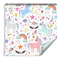 Tapeta Dla Dzieci - Kolorowe Jednorożce Ptaki Serca Tęcza Chmury