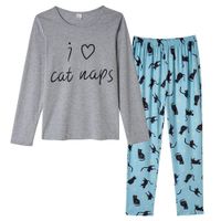 Piżama damska komplet długi rękaw spodnie bawełniana koty szara L 70cm