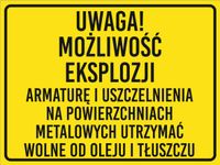 Znak Uwaga! Możliwość eksplozji grawer piktogram 20x15 cm duży wybór