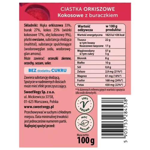 Ciastka Orkiszowe Kokosowe z Buraczkiem Sweetvegy, 100g na Arena.pl