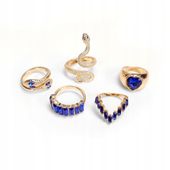 ZESTAW Złotych PIERŚCIONKÓW RETRO PUNK 5 Sztuk WĄŻ Serce NIEBIESKI