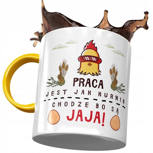 Kubek Żółty Śmieszny Praca Jest Jak Kurnik Prezent Z Nadrukiem Ze Zdjęciem zdjęcie 1