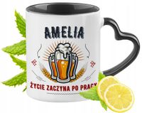 Dla Amelii Kubek Czarny Z Uszkiem W Kształcie Serca Na Prezent Z Nadrukiem
