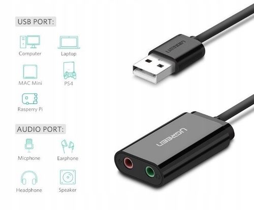 UGREEN Zewnętrzna Karta Dźwiękowa USB Minijack Adapter 3.5mm Mikrofon 15cm na Arena.pl
