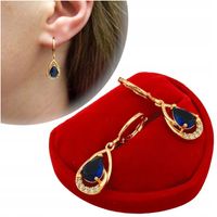 Złote kolczyki szafirowe granatowa łezka z cyrkoniami eleganckie pozłacane